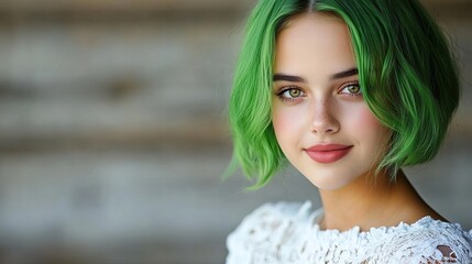 Fototapeta premium A young woman with vibrant green hair poses elegantly, showcasing her bright eyes and natural beauty.