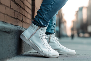 Stylish white high-top sneakers with metallic zippers, worn with jeans on an urban street, showcasing contemporary casual footwear in a trendy city setting