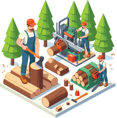 Isometric lumberjack male character holding an axe and wood log. Woodcutter saws tree with chainsaw on sawmill. Firewood processing on a white background