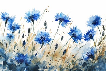 Watercolor illustration of cornflowers in delicate blue tones on a white background