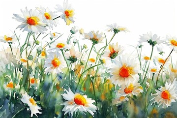 Skillfully painted watercolor daisy flowers with greenery details and a vibrant background