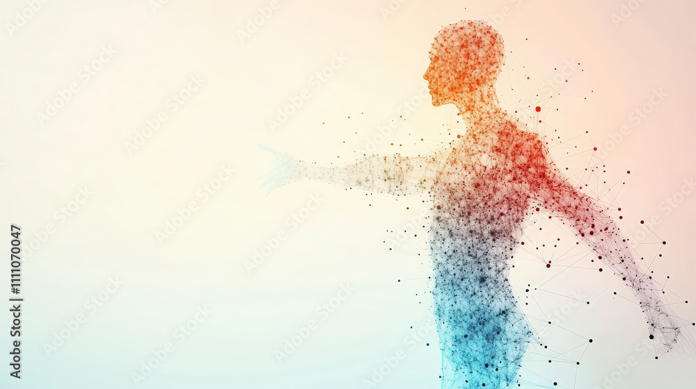 Poster a silhouette of a person composed of scattered particles, blending colors from red to blue, creates 