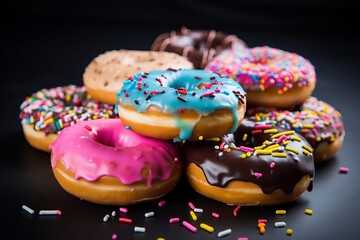 Delicious glazed donuts with colorful sprinkles on a black background