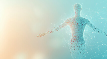 Fototapeta premium A digital humanoid figure composed of interconnected nodes and lines, symbolizing technology, connectivity, and the fusion of human and digital elements in a networked world.
