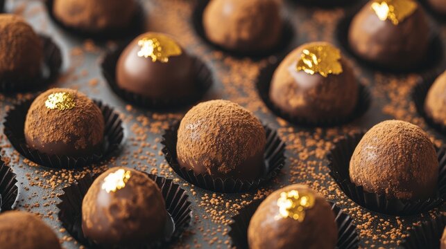Photo of, A tray of elegant chocolate truffles dusted with cocoa powder and arranged in a geometric pattern, Truffles centered