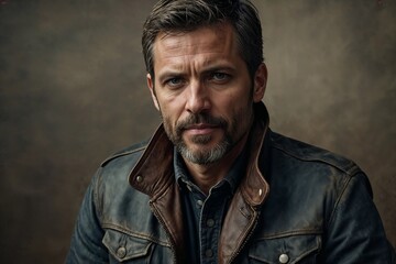 Obraz premium Rugged mature man wearing leather jacket exuding confidence in moody portrait setting