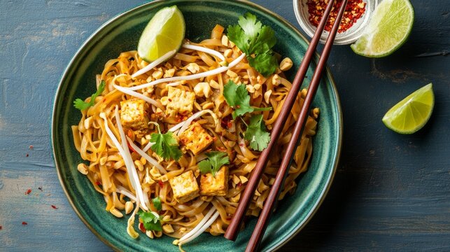 Photo of, A vibrant bowl of pad thai noodles tossed with tofu, bean sprouts