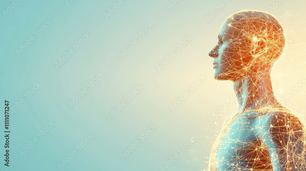 Poster a digital human figure composed of interconnected glowing lines and nodes, symbolizing technology an