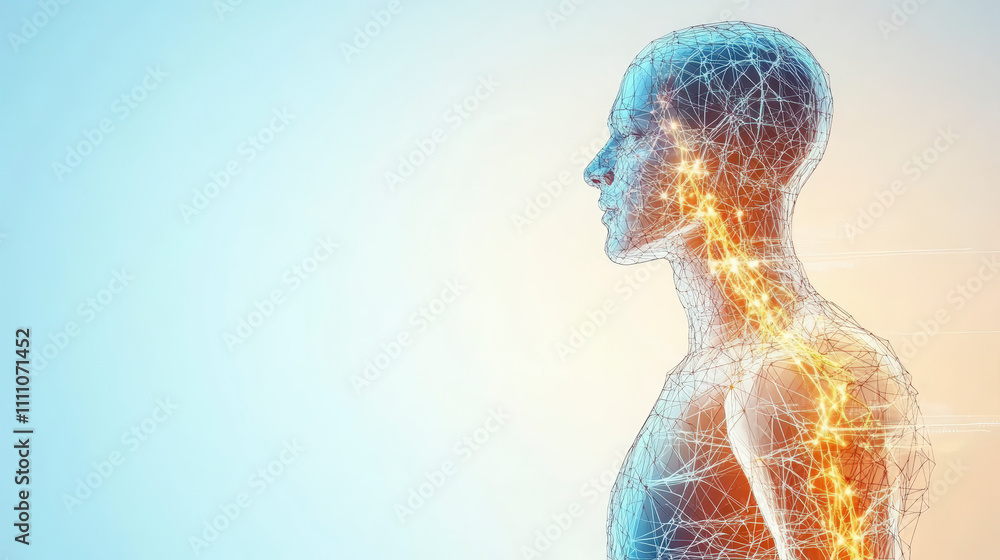 Poster a digital rendering of a human figure composed of glowing networks and lines, symbolizing connectivi