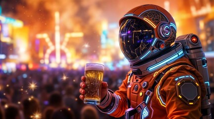 Astronaut in Spacesuit Holding Beer at Party, Celebrating Space Travel with Humor