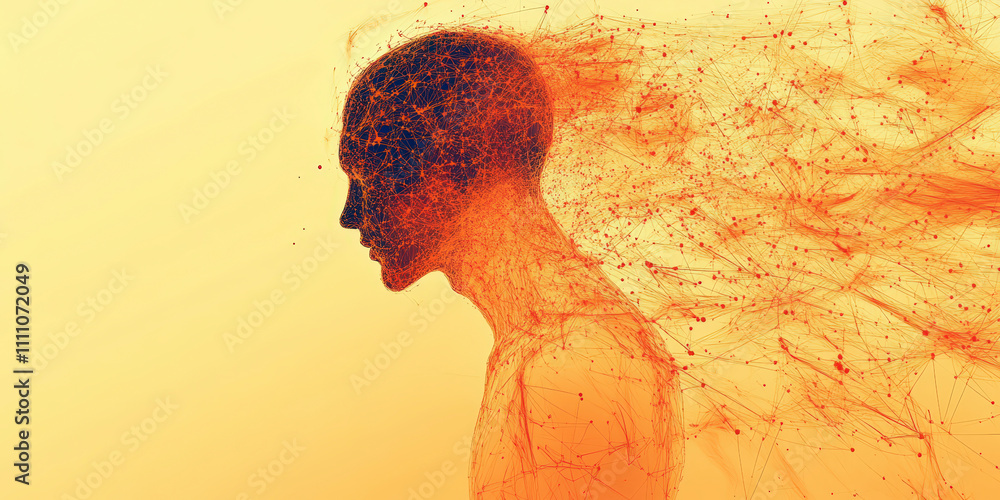 Aufkleber silhouette of a person dissolving into a network of connections, symbolizing thoughts or data stream