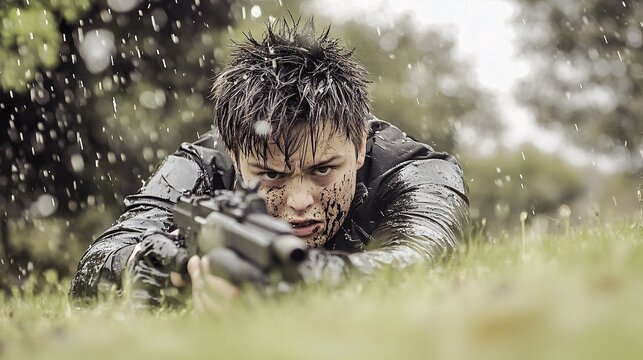 a soldier lies in a field, rain is falling, his face covered in mud, he presses a rifle to his chest and aims it at someone ahead. The rifle partially obscures his face.