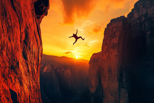 A silhouette of a base jumper mid-flight between towering cliffs against a dramatic orange sunset, capturing the thrill of adventure and freedom.