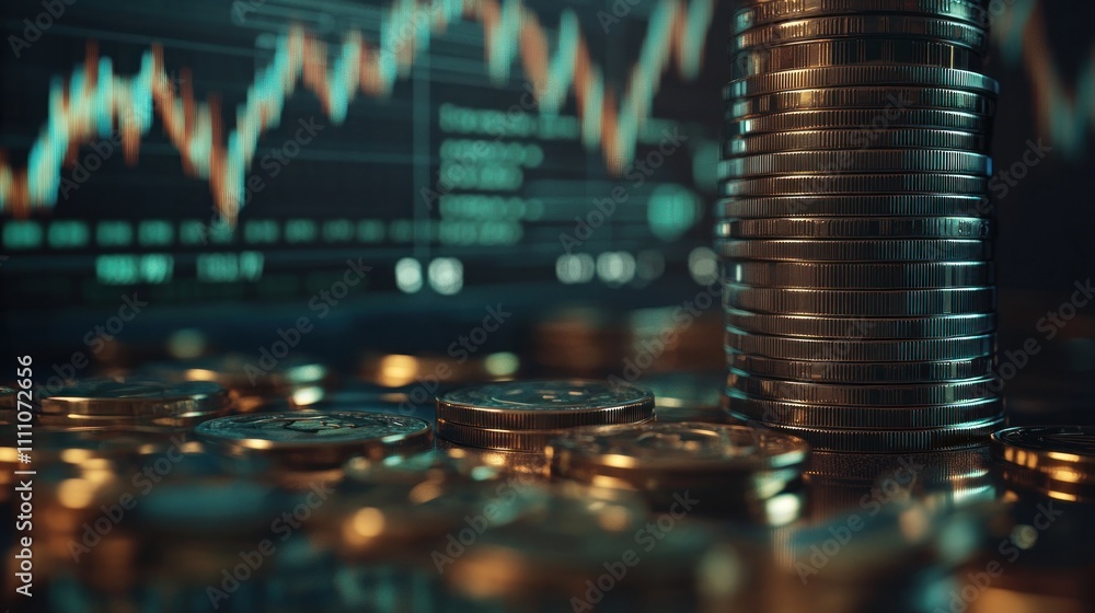 Poster cryptocurrency stacked coins with a stock chart in the background