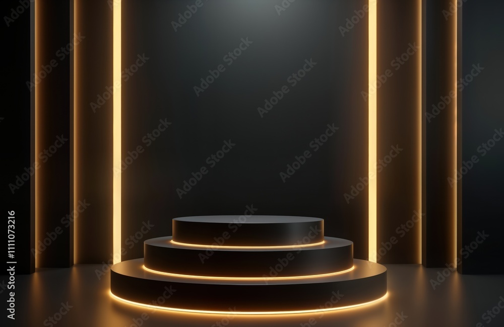 Poster empty black podium with gold ring. modern, luxury product showcase in dark studio setting. empty dis