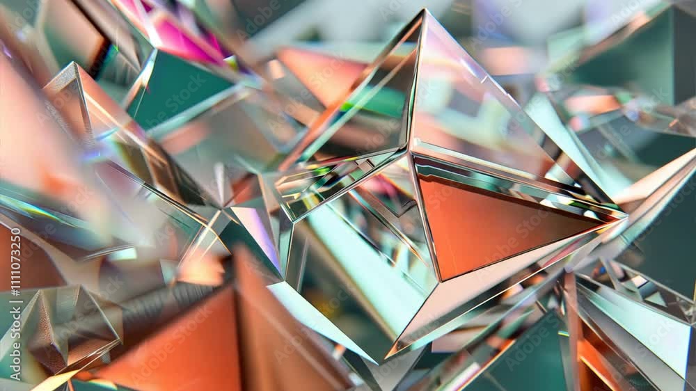 Poster colorful geometric design of shimmering glass pyramids creates abstract reflection of light, showcas