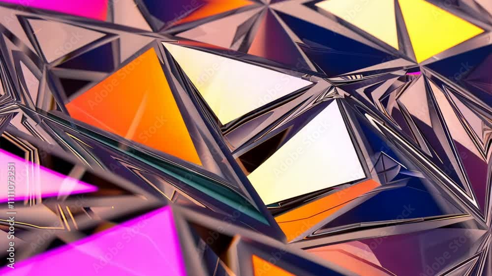 Poster vibrant abstract geometric shapes with colorful reflections and light, featuring intricate design an