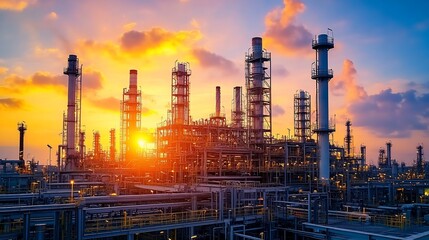 Industrial refinery complex at sunset. Large oil refinery plant with pipes and towers, illuminated by golden sunset light.