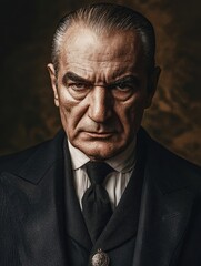 Fototapeta premium Powerful Portrait of a Mature Businessman in Formal Wear with Intense Gaze and Dramatic Lighting