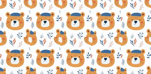 Obraz premium seamless pattern of Adorable orange bear faces blue floral cheerful kids textile design