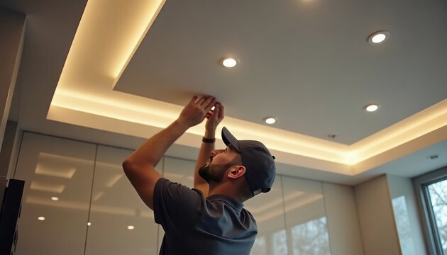 Man installs modern ceiling lights in contemporary kitchen. Focused on task. Kitchen features stylish light fixtures, minimalist design. Efficient lighting system emphasizes modern tech, eco-friendly