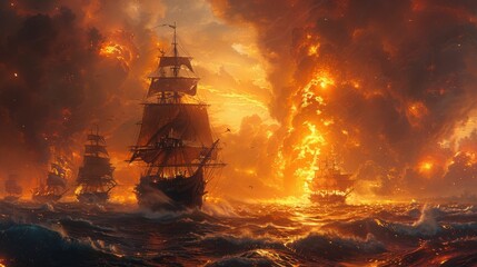 Obraz premium A painting of a ship in a fiery ocean with a few birds flying in the background