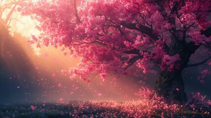 Fototapeta premium A tree with pink blossoms is the main focus of the image