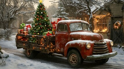 red car carrying a christmas tree down a snowy road