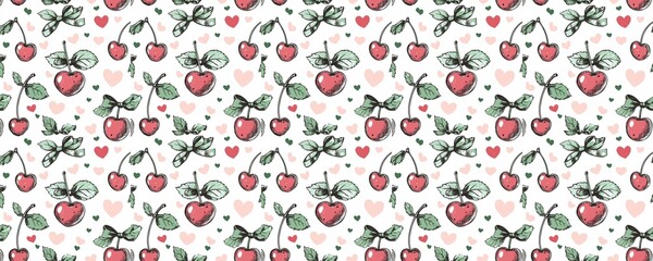 seamless pattern of Hand drawn cherry  red green romantic love Valentines Day 