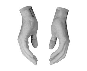 Holding, keeping, caring and touching with both two palms, hand sign isolated on white background. Halftone dotted retro style vector