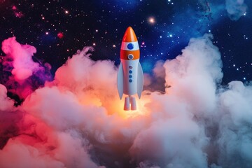 A brightly colored rocket launches amidst vibrant clouds, surrounded by a mesmerizing cosmic backdrop of stars and nebulas, symbolizing adventure and exploration.