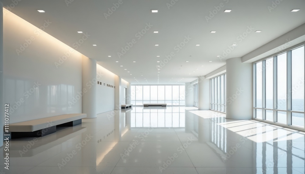 Poster spacious white lobby with large windows offering city views. modern and clean design. empty hallway 