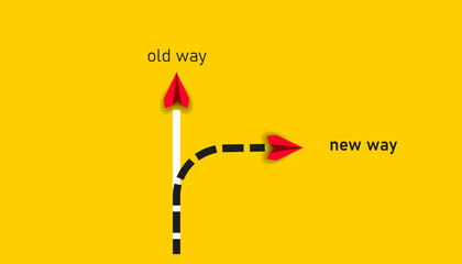 Red paper airplane flying old way new way. New Idea concept. business life change concept. Different thinking, Business leader, personality development idea concept.	
