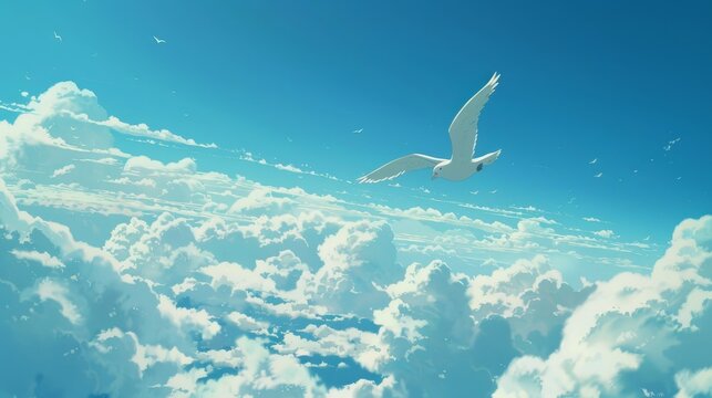 A serene white bird silhouette soaring in a clear blue sky, evoking freedom and solitude
