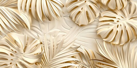 Tropical palm leaves. Beige leaves on a light background. Mural, Wallpaper for internal printing.