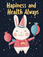 Fototapeta premium Charming New Year Illustrations with cheerful bunny wearing festive outfits, holding balloons and party hats: Wallpapers, T-shirts, Posters & Decor