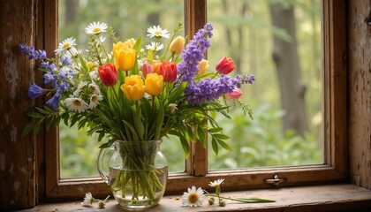 Spring Bouquet with Yellow Tulips, White Daisies, and Purple Flowers on Wooden Windowsill. symbolizing renewal, hope, and the joyful spirit of Easter, set against a backdrop of blooming spring.

