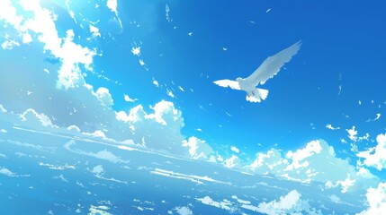 A serene white bird silhouette soaring in a pristine blue sky  evoking peace and isolation