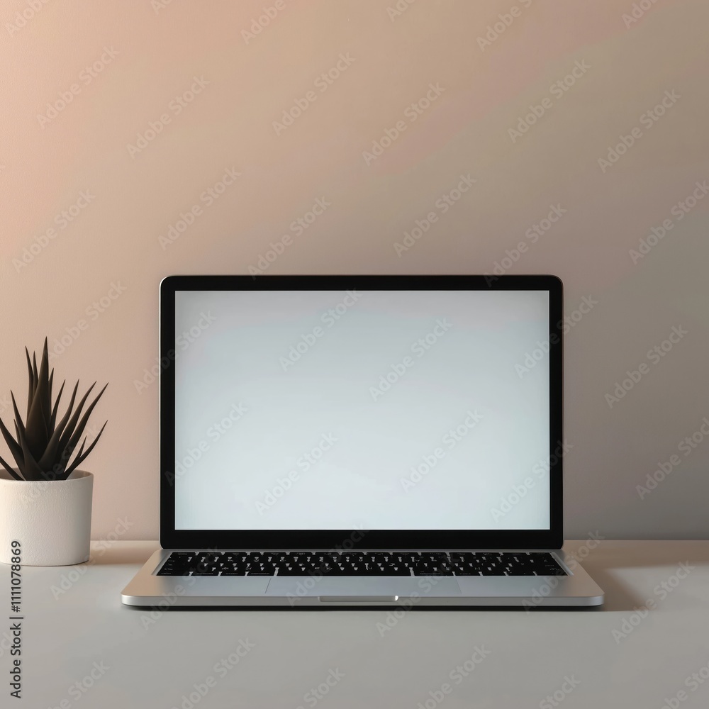 Poster sleek laptop sits on clean desk. simple background. modern tech. pro workspace. office scene. simple