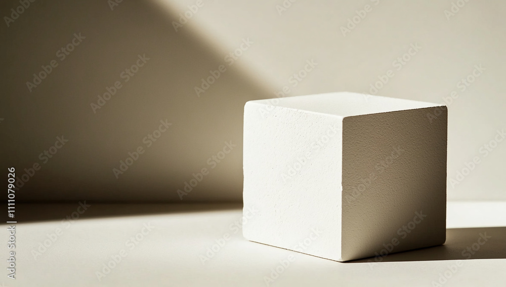 Poster Minimalistic white cube casting soft shadows in natural light showcasing geometry and simplicity
