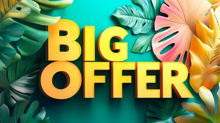 Big Offer In Bold, Yellow Letters With Colorful, Tropical Leaves Surrounding The Text