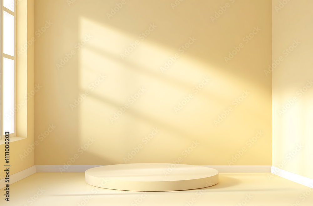 Poster light streaming into a minimalistic room highlighting a circular platform during the daytime