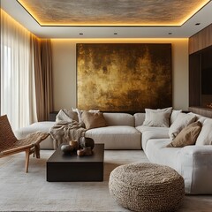  Minimalist, loft interior design of modern living room with earthy tones, featuring olive green sectional sofa, a textured wall art piece, and modern decor elements. 