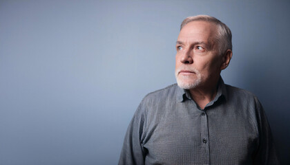 Obraz premium Curious older man looking away with a pastel background and ample copy space for text