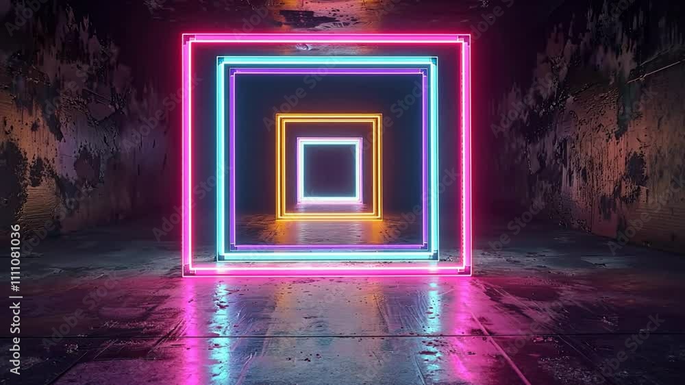 Poster vibrant neon tunnel with colorful glowing squares abstract reflections and futuristic light design c