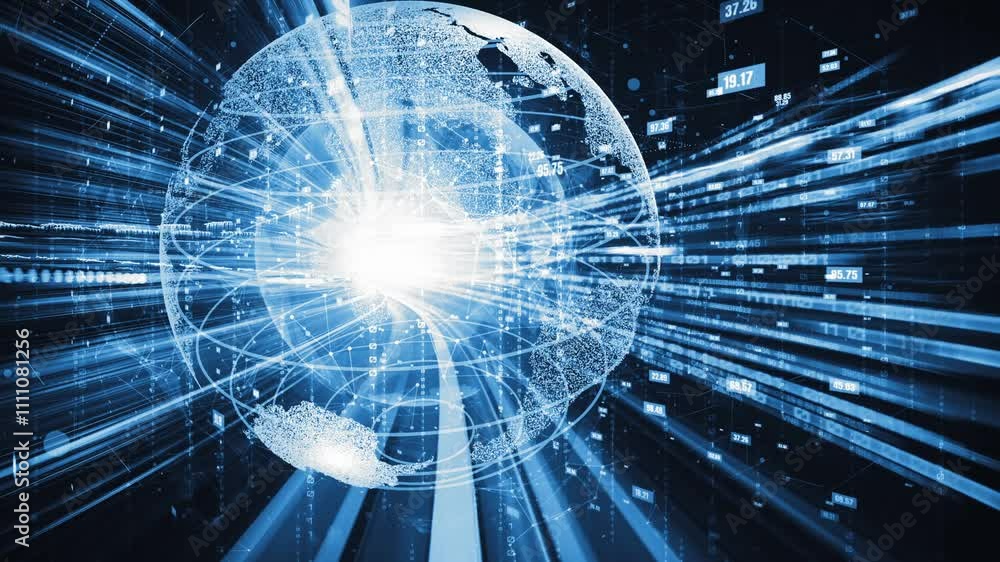 Poster futuristic global network and tacit digital data transfer 3d graphic . concept of smart digital tran
