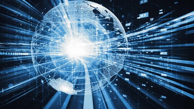 Futuristic global network and tacit digital data transfer 3D graphic . Concept of smart digital transformation and technology disruption that changes global trends in new information era .