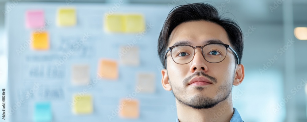 Poster portrait of a young man with glasses in front of a blurred background with colorful sticky notes.
