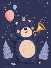 Fototapeta premium Charming New Year Illustrations with cheerful bear wearing festive outfits, holding balloons and party hats: Wallpapers, T-shirts, Posters & Decor