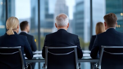 Corporate team seated at a meeting table in modern office with glass windows and city view.